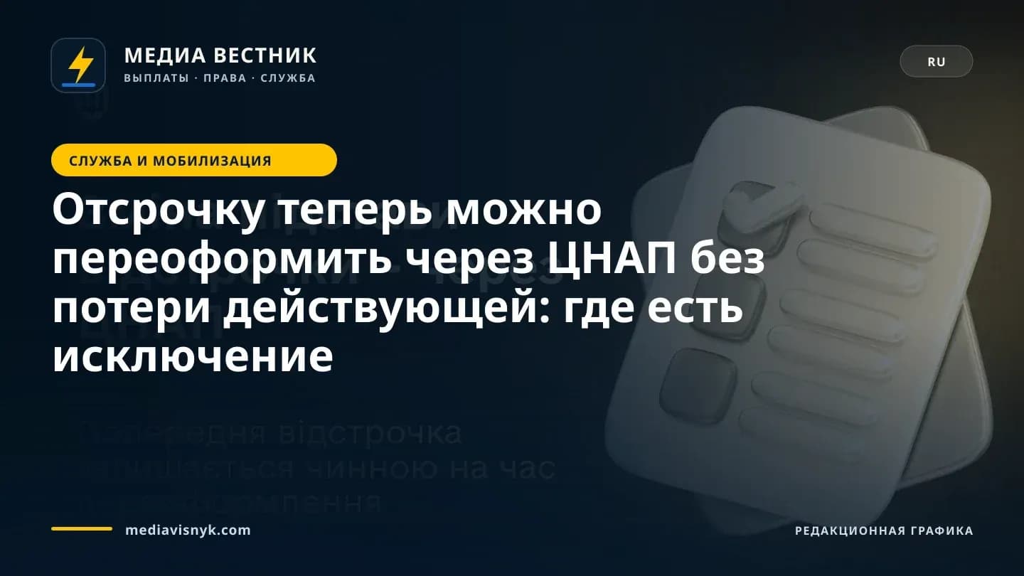 На тёмном фоне размещён текст «Изменение основания отсрочки – через ЦНАП» и «Предыдущая отсрочка остаётся действующей на время переоформления», рядом изображены стилизованные иконки документов