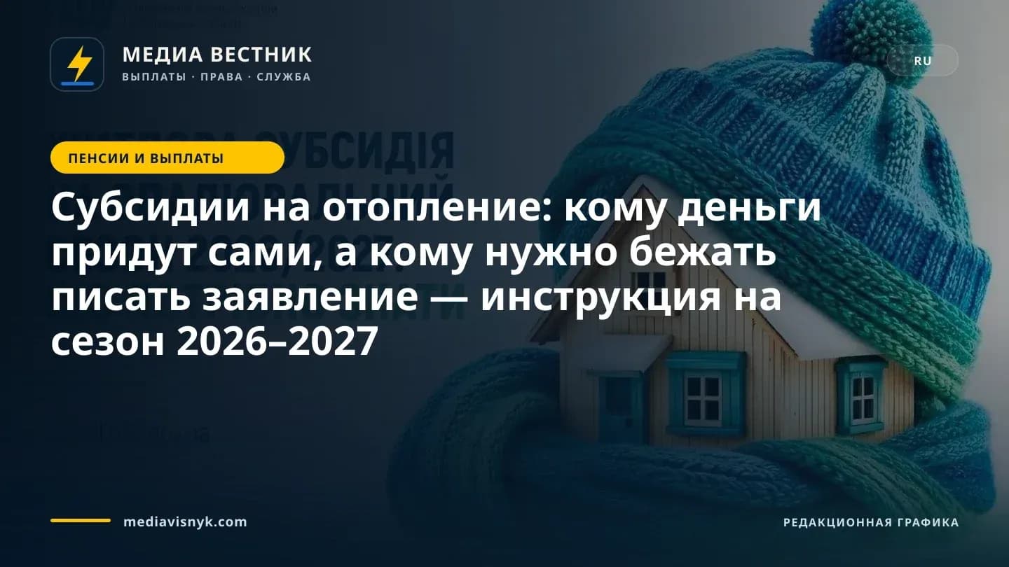 На графике изображен маленький деревянный игрушечный домик с заснеженной крышей, завернутый в толстый бирюзово-зеленый вязаный шарф и в шапочку с помпоном в тон, рядом украинский текст о жилищных субсидиях на отопительный сезон 2026/2027 и сайт portal.pfu.gov.ua.