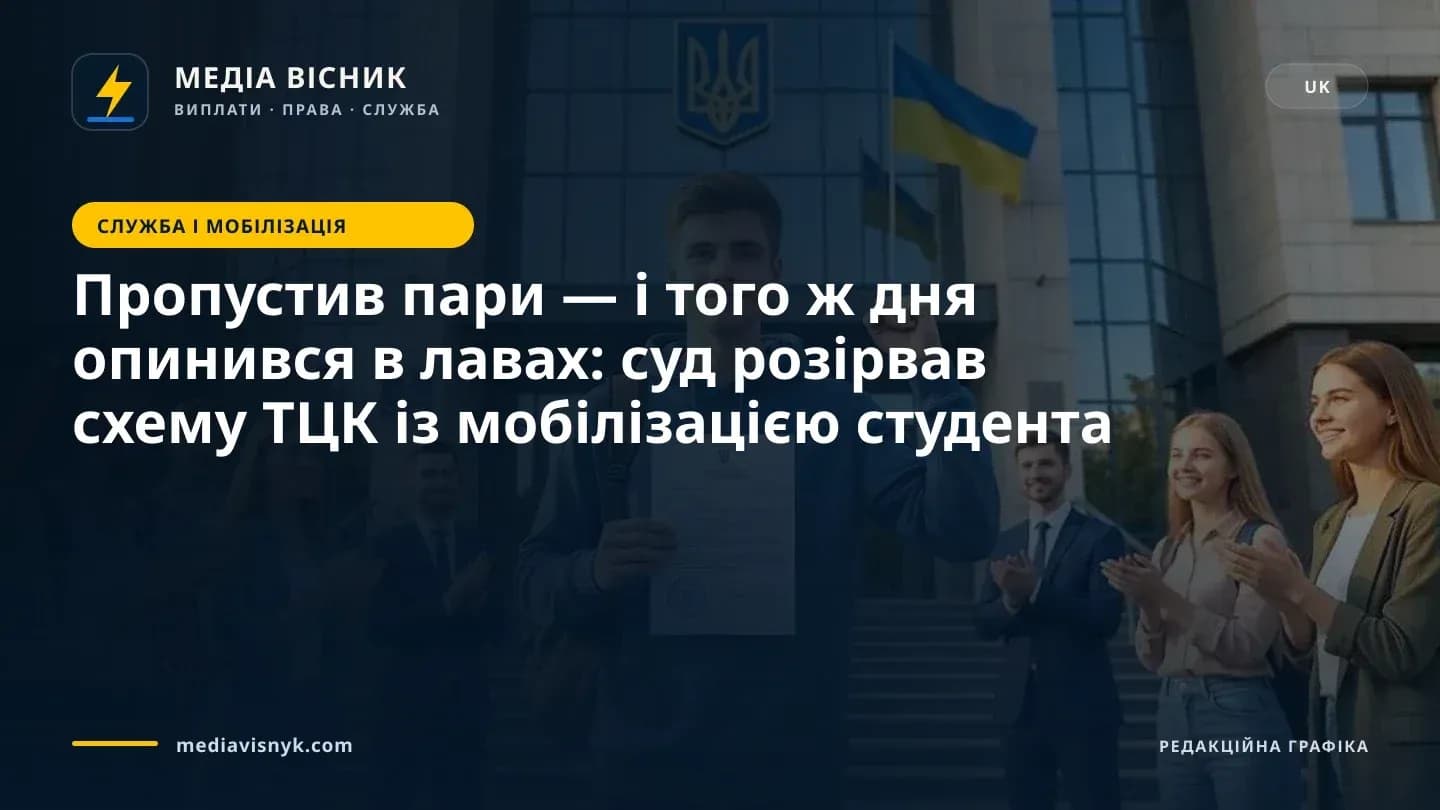 Молодий чоловік у синьому худі стоїть перед скляною будівлею, на якій зображено український тризуб і синьо-жовтий прапор, тримає в руках друкований документ з печаткою та піднімає кулак, а кілька усміхнених людей навколо аплодують.