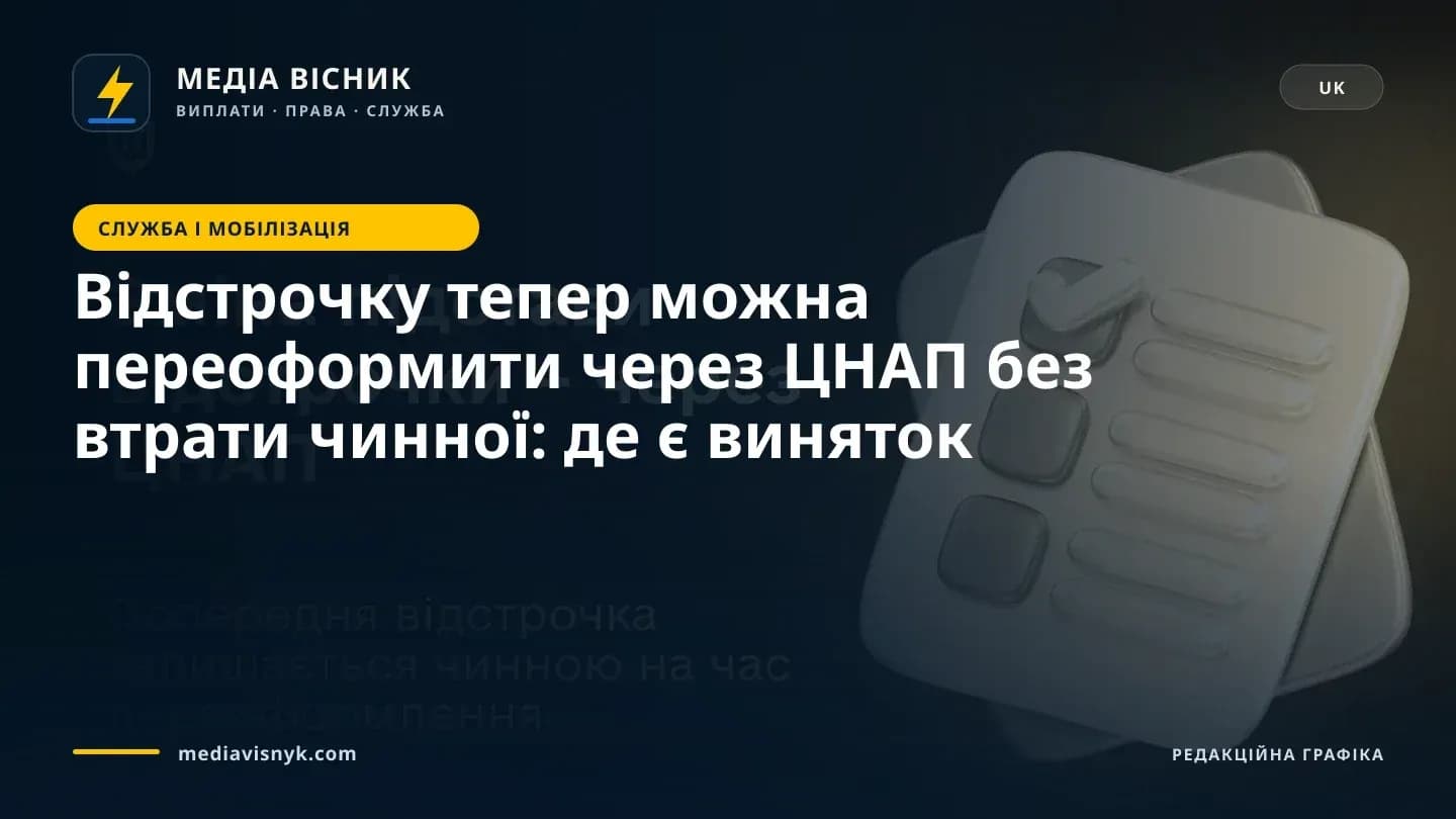 На темному тлі розміщено текст «Зміна підстави відстрочки – через ЦНАП» та «Попередня відстрочка залишається чинною на час переоформлення», поруч зображено стилізовані іконки документів