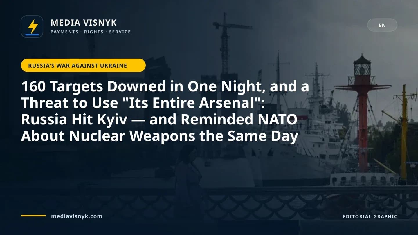 Image accompanying «160 Targets Downed in One Night, and a Threat to Use "Its Entire Arsenal": Russia Hit Kyiv — and Reminded NATO About Nuclear Weapons the Same Day»