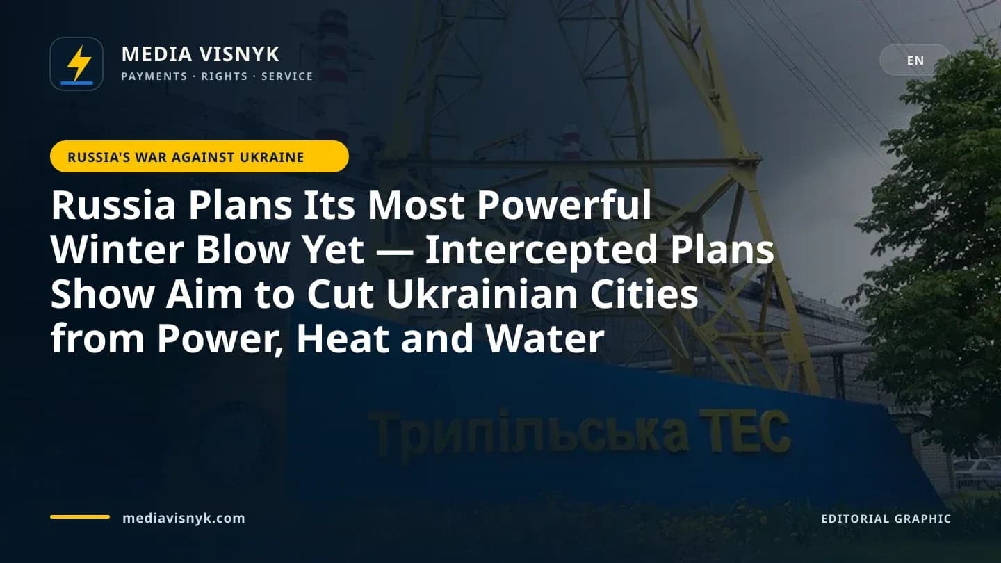 A blue and yellow sign with yellow Cyrillic lettering and a circular emblem stands in front of an industrial building with red-and-white striped chimneys, a large yellow steel lattice tower, trees, and flowerbeds under an overcast sky.