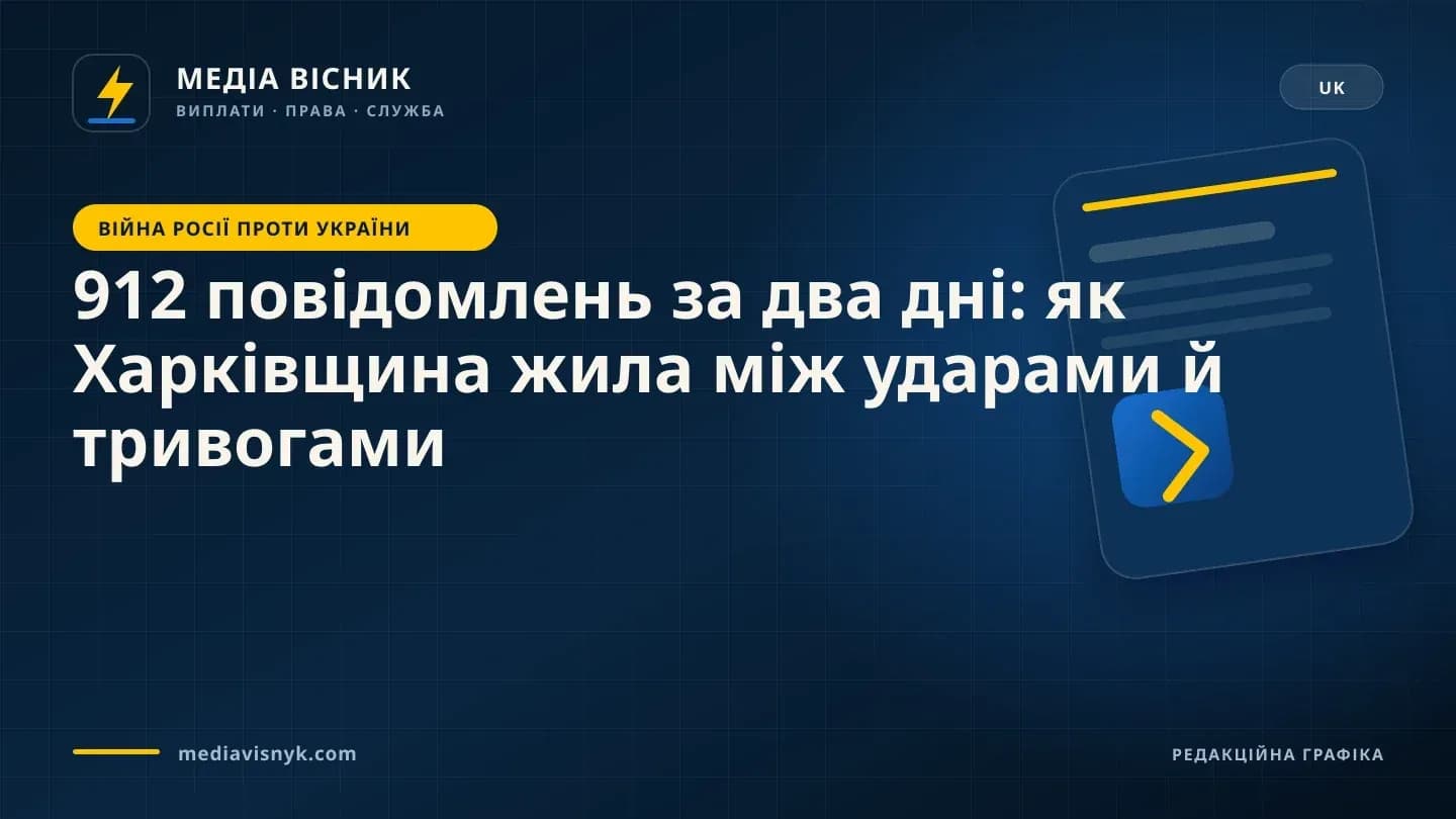 Фірмова обкладинка MediaVisnyk. Матеріал «912 повідомлень за два дні: як Харківщина жила між ударами й тривогами»