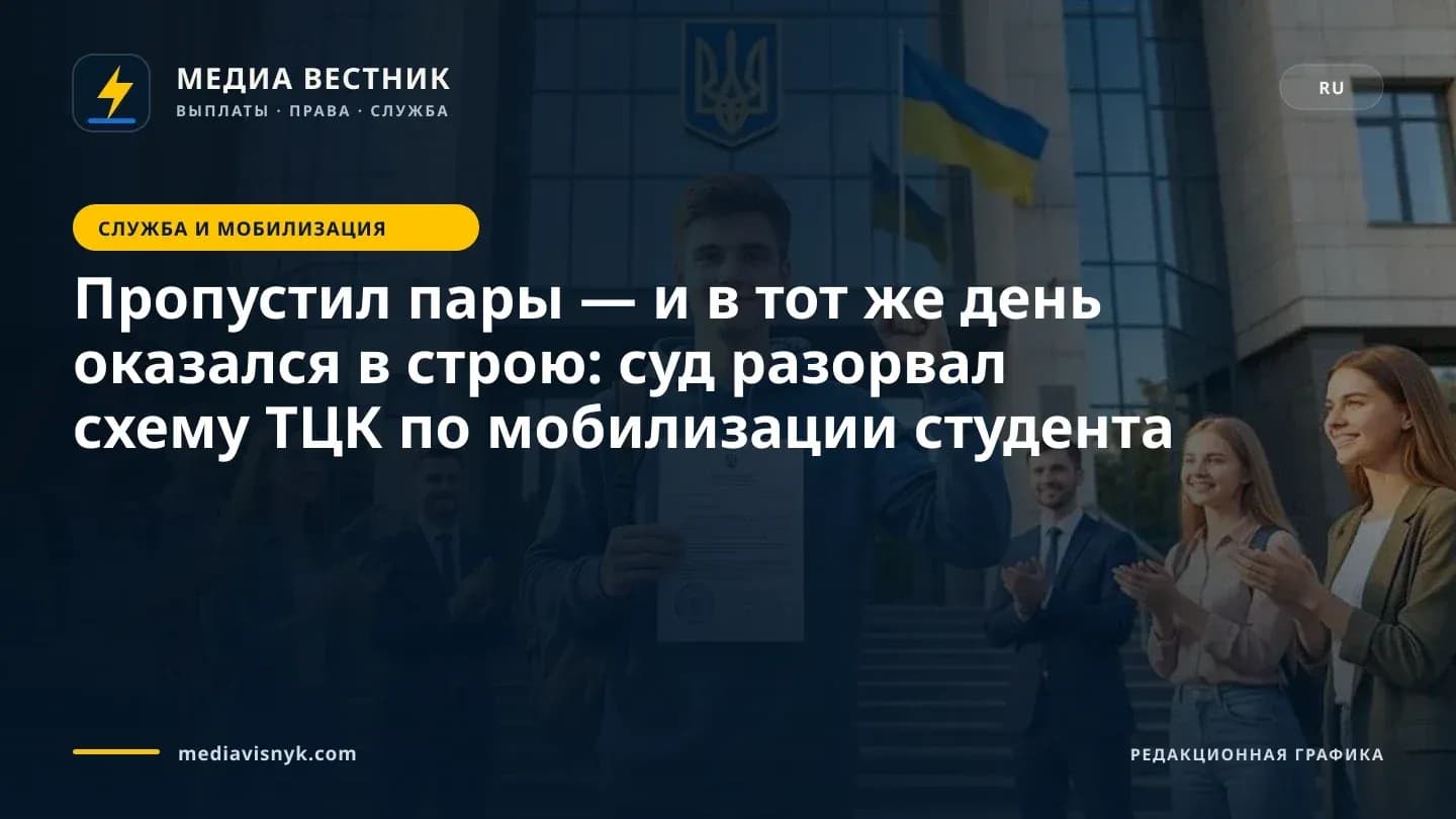 Молодой человек в синей толстовке стоит перед стеклянным зданием, на котором изображены украинский трезубец и сине-жёлтый флаг, держит в руках печатный документ с печатью и поднимает кулак, а несколько улыбающихся людей вокруг аплодируют.