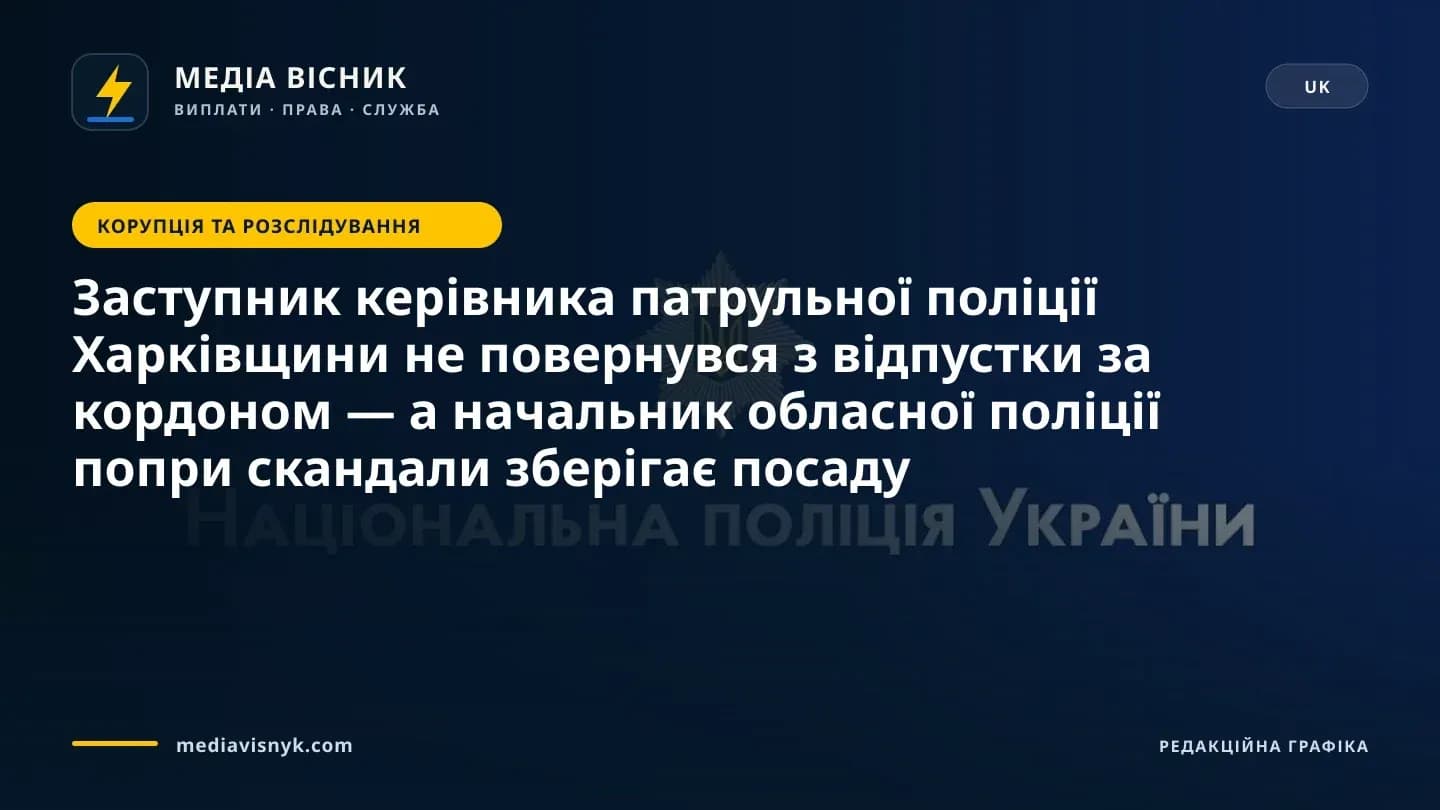 Зображення до матеріалу «Заступник керівника патрульної поліції Харківщини не повернувся з відпустки за кордоном — а начальник обласної поліції попри скандали зберігає посаду»