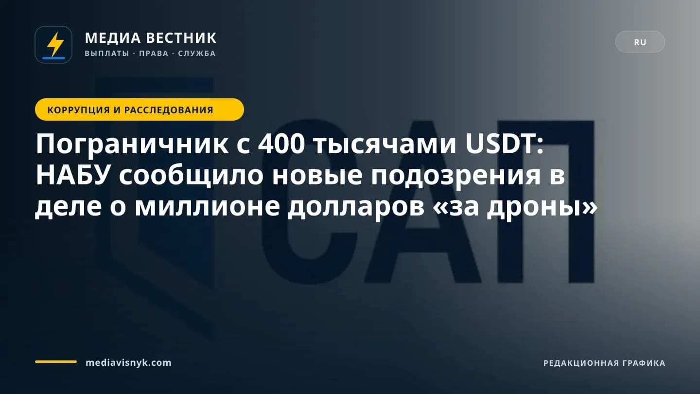 Изображение к материалу «Пограничник с 400 тысячами USDT: НАБУ сообщило новые подозрения в деле о миллионе долларов «за дроны»»