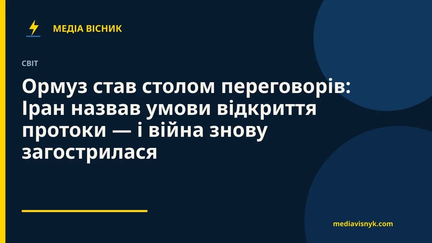 Фирменная обложка MediaVisnyk. Материал «Ормуз стал столом переговоров: Иран назвал условия открытия пролива — и война снова обострилась»
