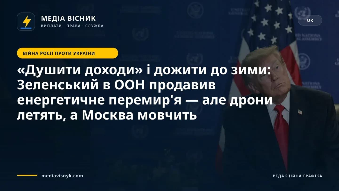 Двоє чоловіків у темних костюмах сидять за столом з квітковими композиціями на тлі синього банера з написом «United Nations General Assembly», ліворуч — український прапор, а за чоловіком праворуч, у червоній краватці, який дивиться вгору, — американський прапор.