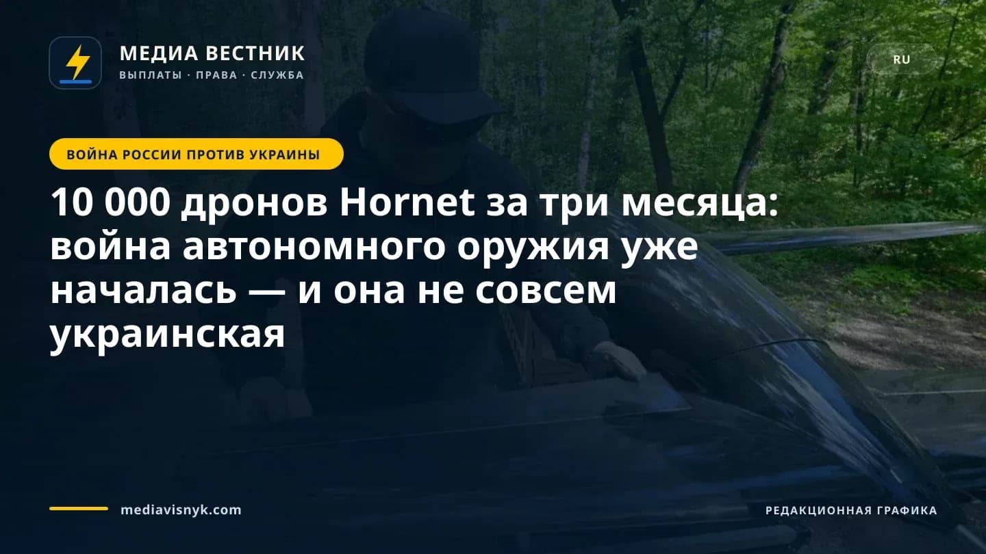 Человек в чёрной кепке, солнцезащитных очках, маске на лице, перчатках и чёрном худи с надписью 'NORD DIVISION' держит глянцевое чёрное крыло большого объекта, похожего на самолёт с неподвижным крылом, в лесистой местности с зелёными деревьями и грунтовой тропой.