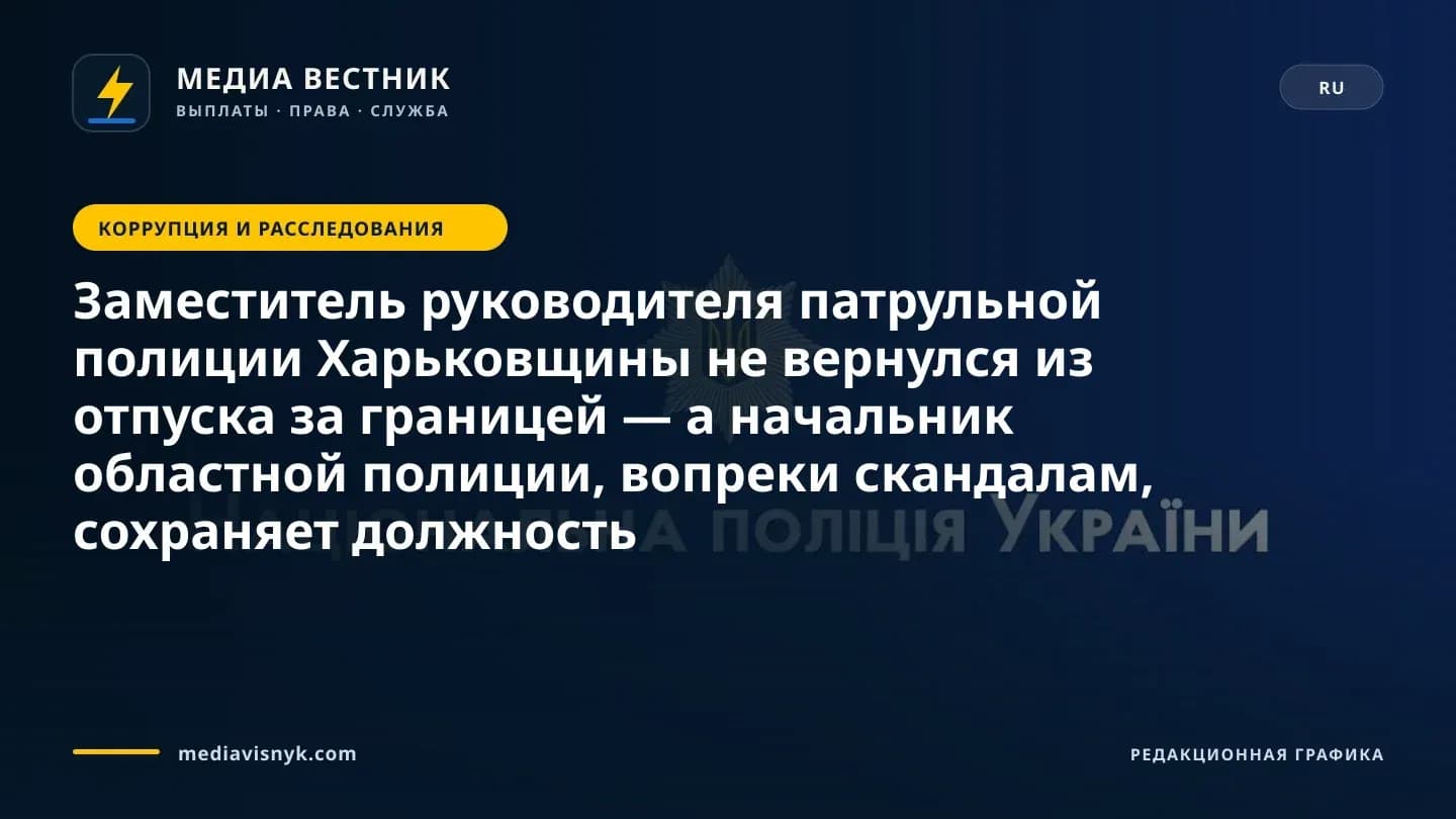 Изображение к материалу «Заместитель руководителя патрульной полиции Харьковщины не вернулся из отпуска за границей — а начальник областной полиции, вопреки скандалам, сохраняет должность»